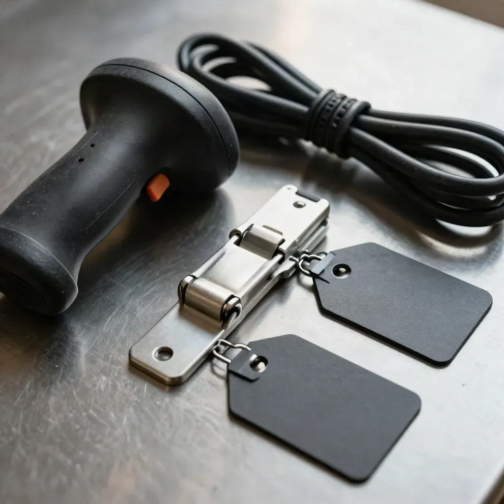 Top-down logistics still life with scanner dock, cable, latch, and asset tags on brushed metal.