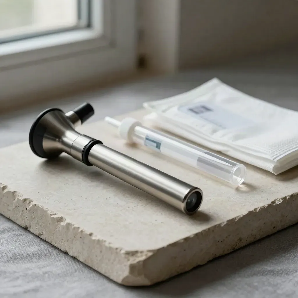 Medical still life with otoscope, specimen tube, caps, and gauze on pale stone.