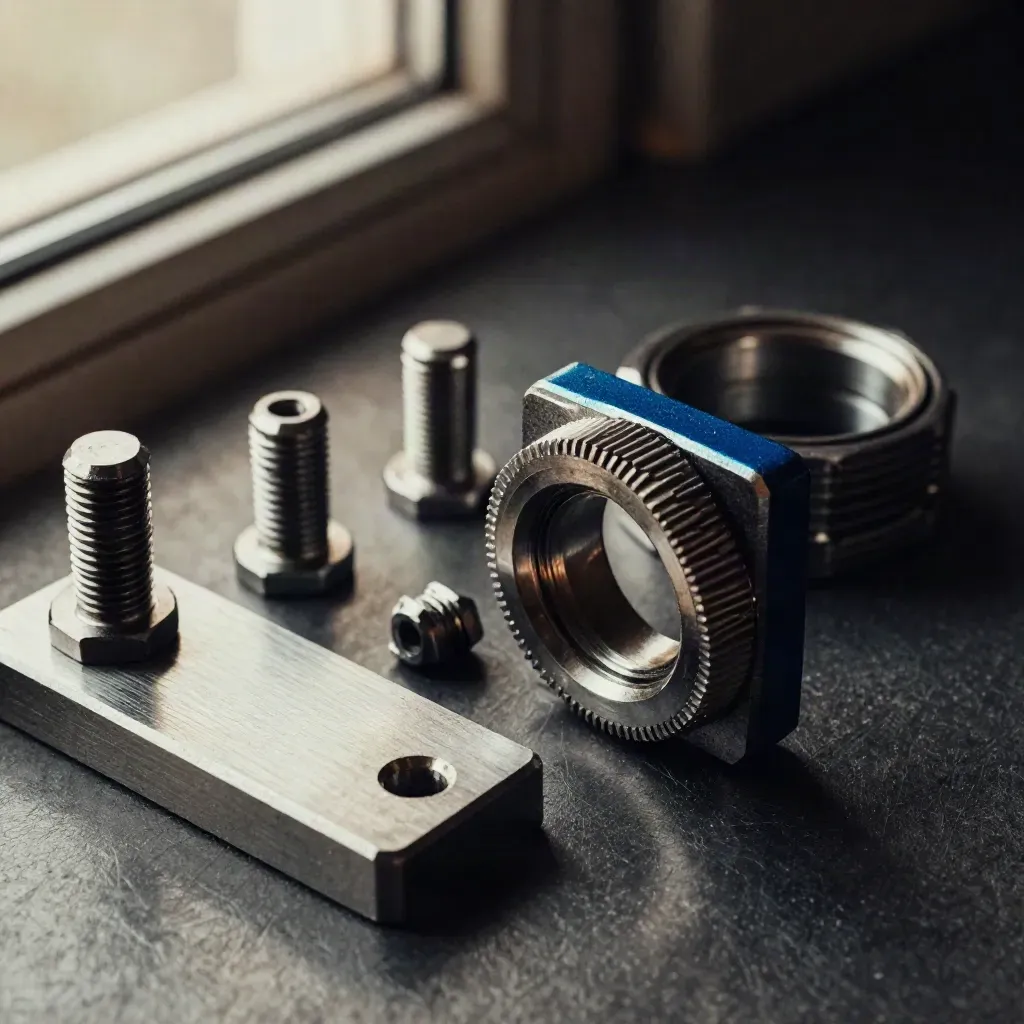 Machined brackets, standoffs, and a knurled ring on brushed steel with blue accent
