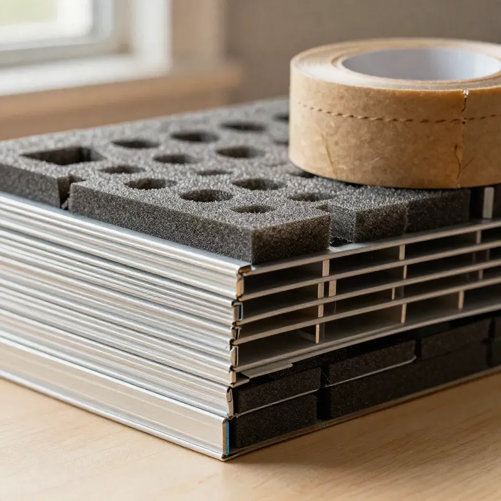 Macro still life of packing corners, foam blocks, tape roll and spacer tray on pale wood with cyan accent.