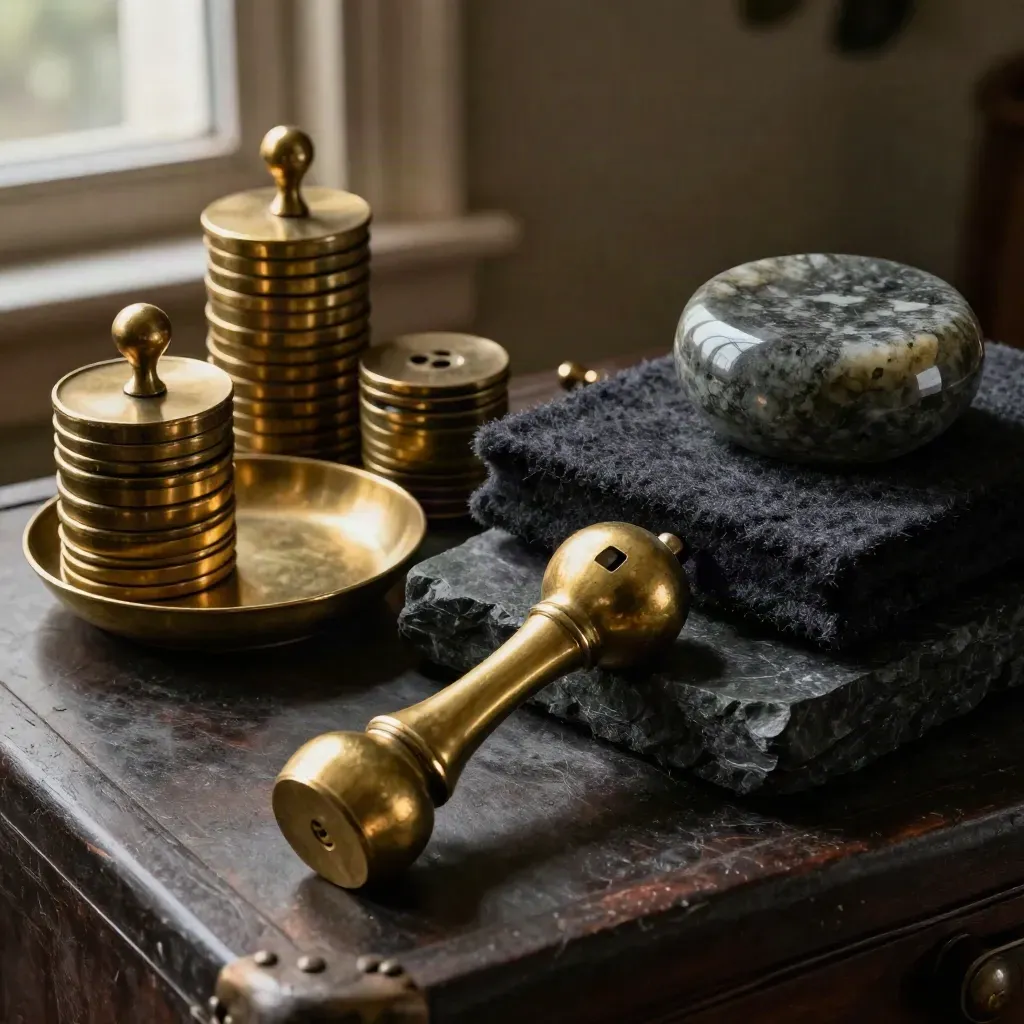 Brass tally markers, coin tray, paperweight and felt pad on charcoal stone in dramatic light