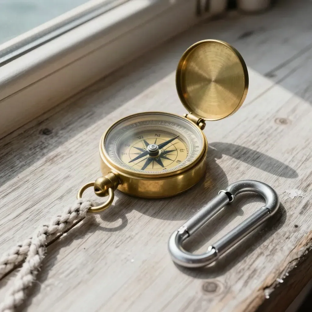 Maritime tools on weathered pale timber: brass compass, cleat, rope stop, and carabiner.