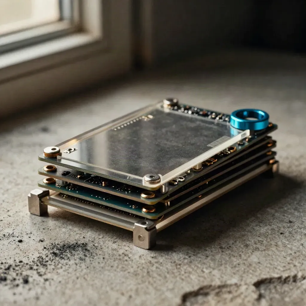 Layered PCB stack with acrylic spacers and standoffs on pale stone, lit in dramatic side light.