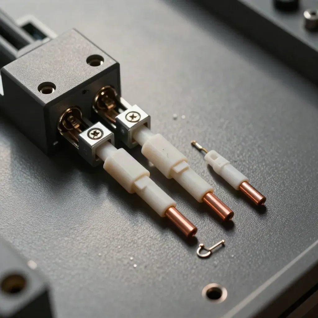 Relay module, terminal block, and cable ferrules in a stepped flat lay on graphite surface.