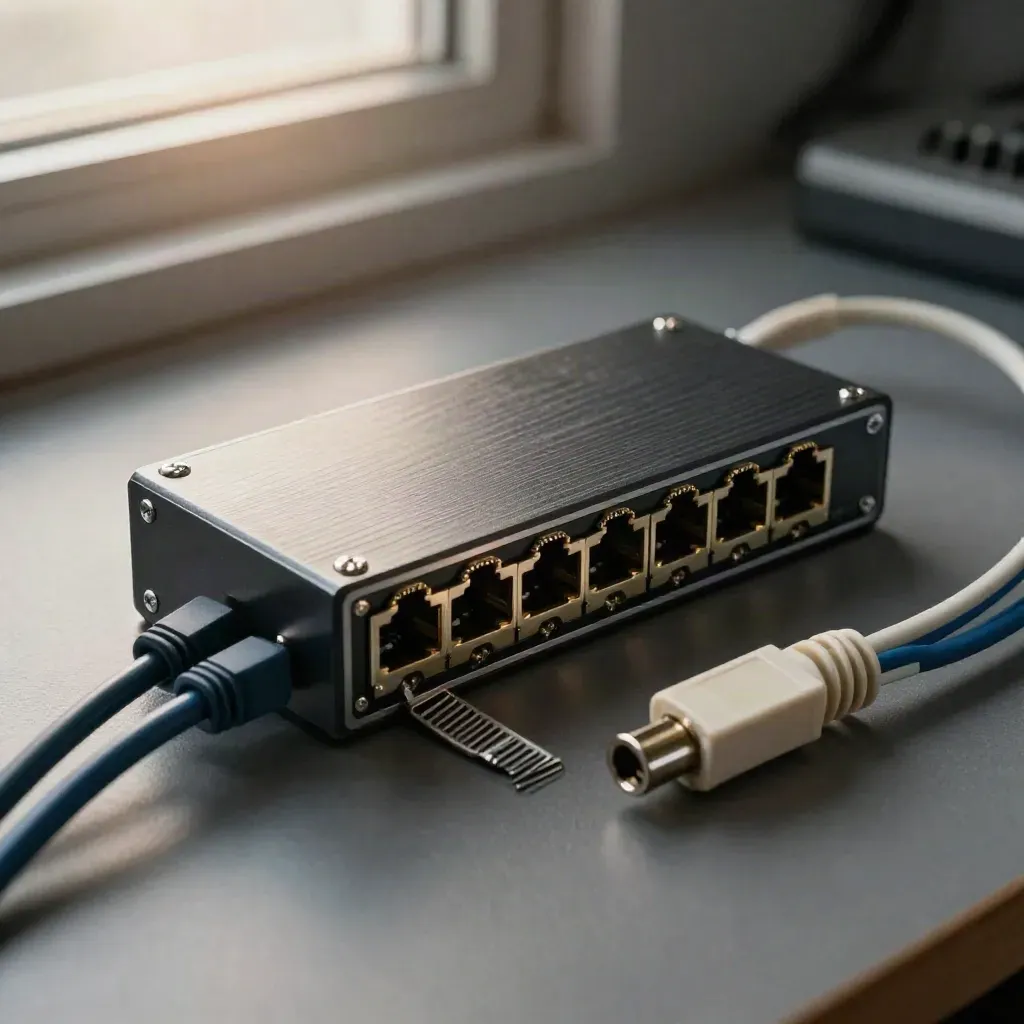 Macro of an 8-port network switch with patch leads and cable comb on graphite surface
