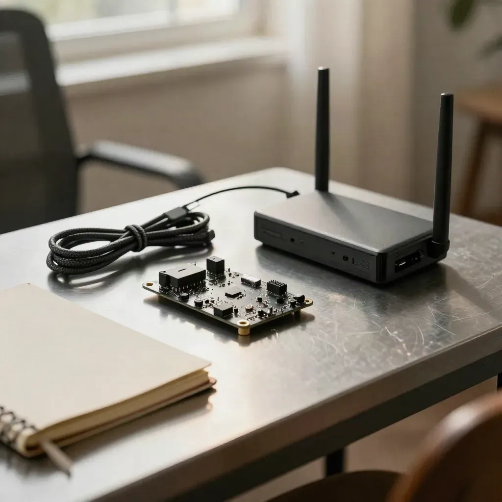 Portable founder prototype kit with dev board, power bank, notebook and router on a launch table