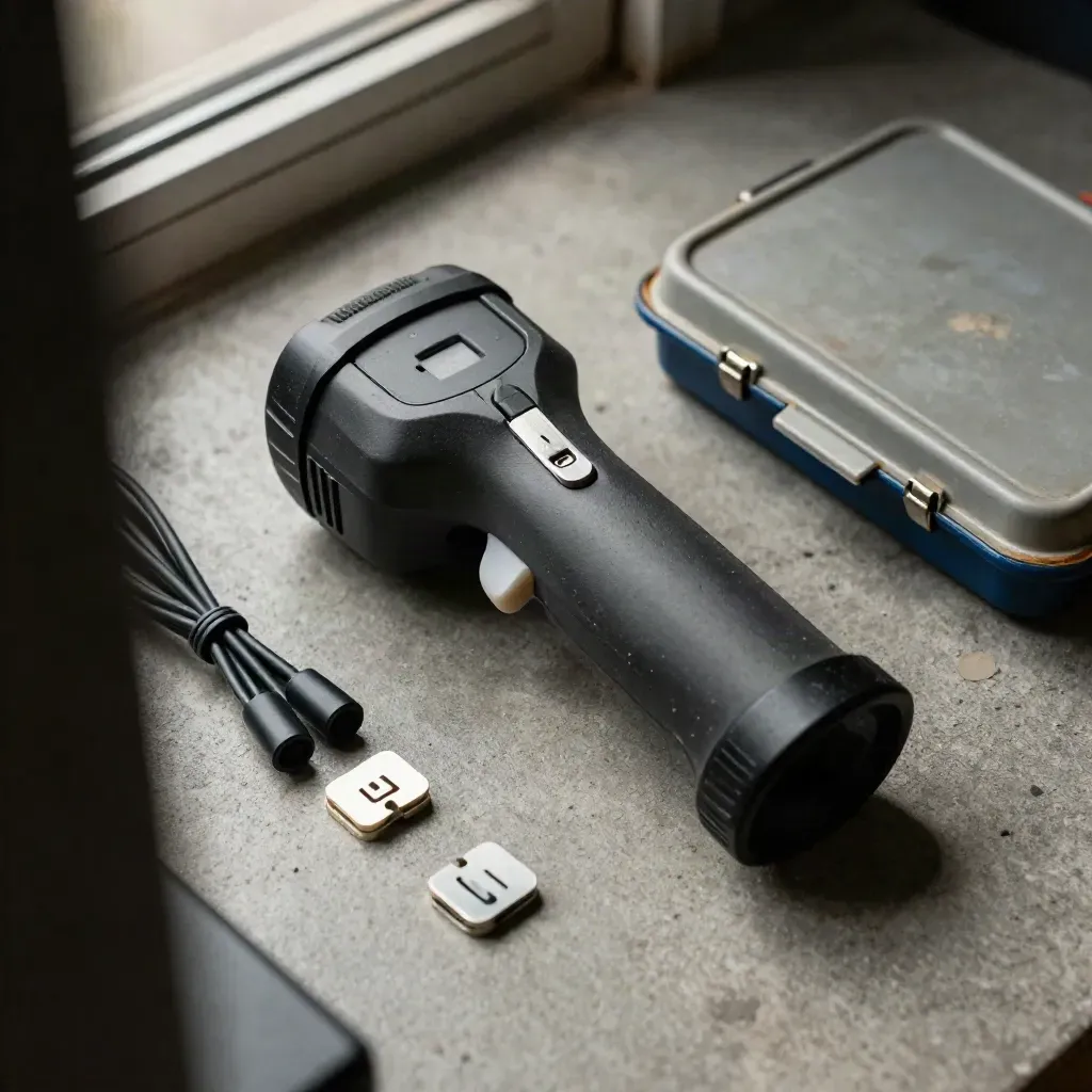 Top-down scanner dock, cable ties, tokens and parts tray on concrete in cool haze.