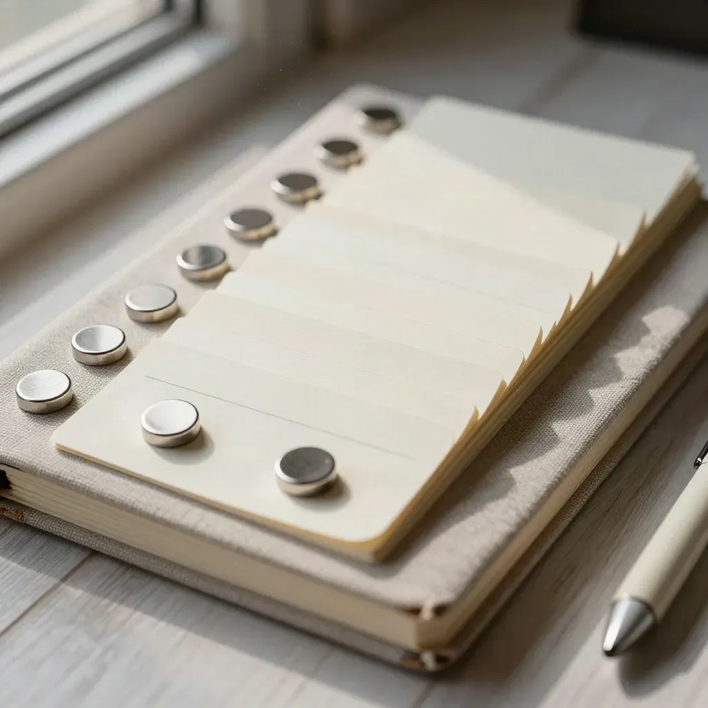 Macro still life of planning tools: closed notebook, face-down cards, magnetic tokens and pen on pale wood.