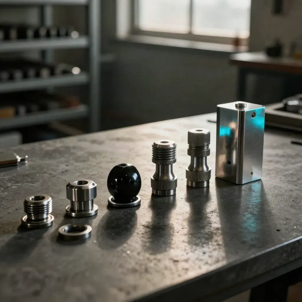 Machined aluminum parts, knurled spacers, and a black ceramic puck on concrete