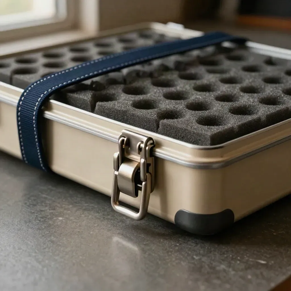 Sealed connector case with foam inserts, courier strap, and metal latch on a stone surface.