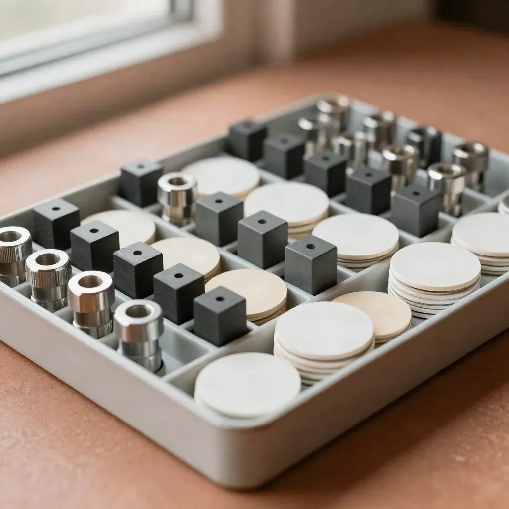 Top-down tray of cable ferrules, relay cubes, and white discs in a diagonal ops layout