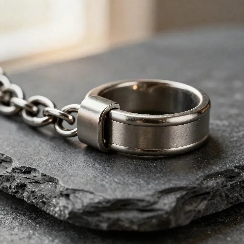 Macro of metal rings, connector collar, and modular block on dark stone.