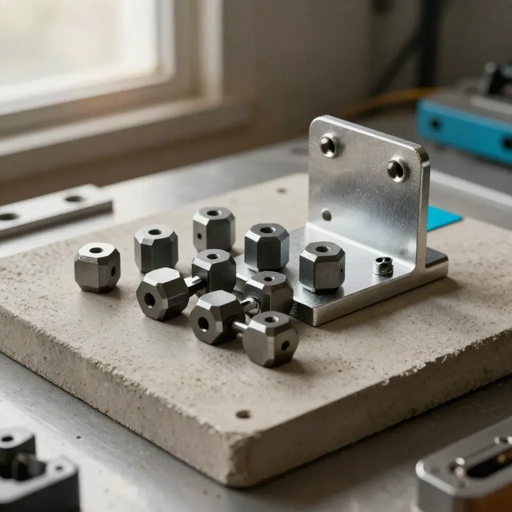 Machined hex standoffs, bracket and hinge aligned on pale concrete in dramatic overhead light.