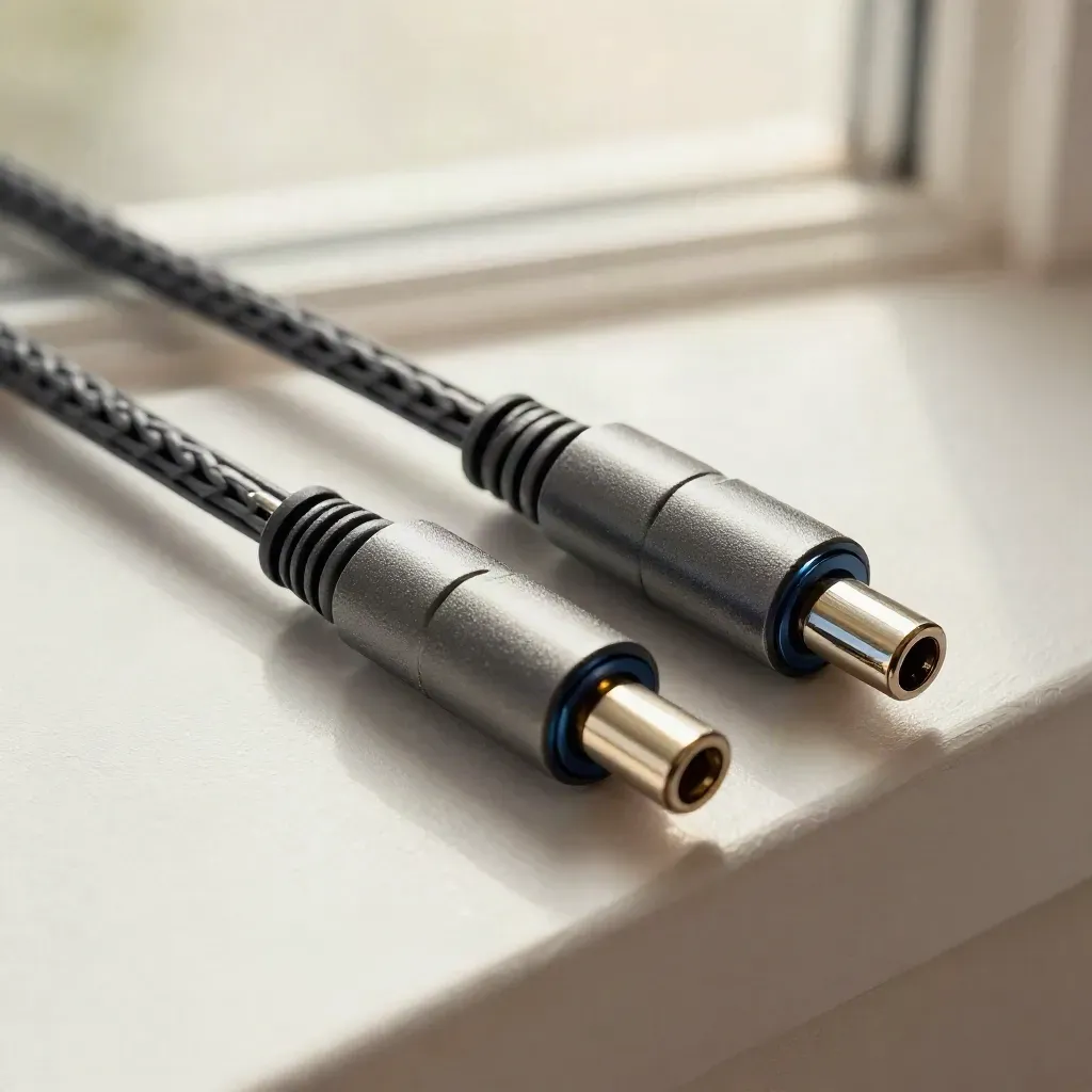 Braided cable, precision connectors, and aluminum dock on graphite with a midnight blue accent.