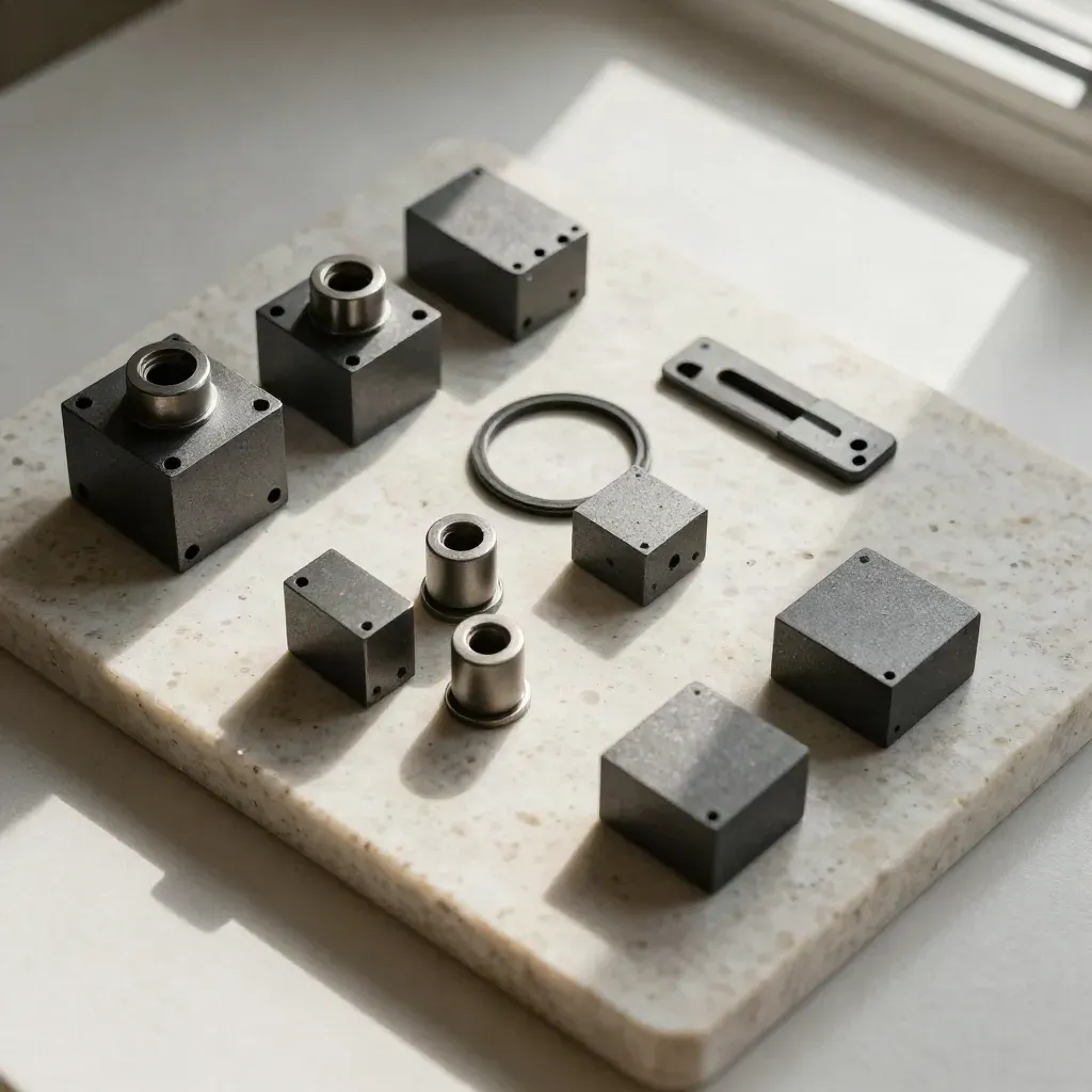 Top-down graphite modular blocks and connectors arranged on pale stone under soft light.