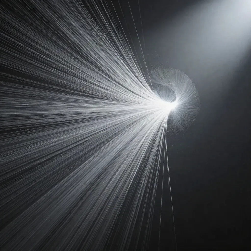 Silver filaments converge into a soft white bloom in dark graphite haze